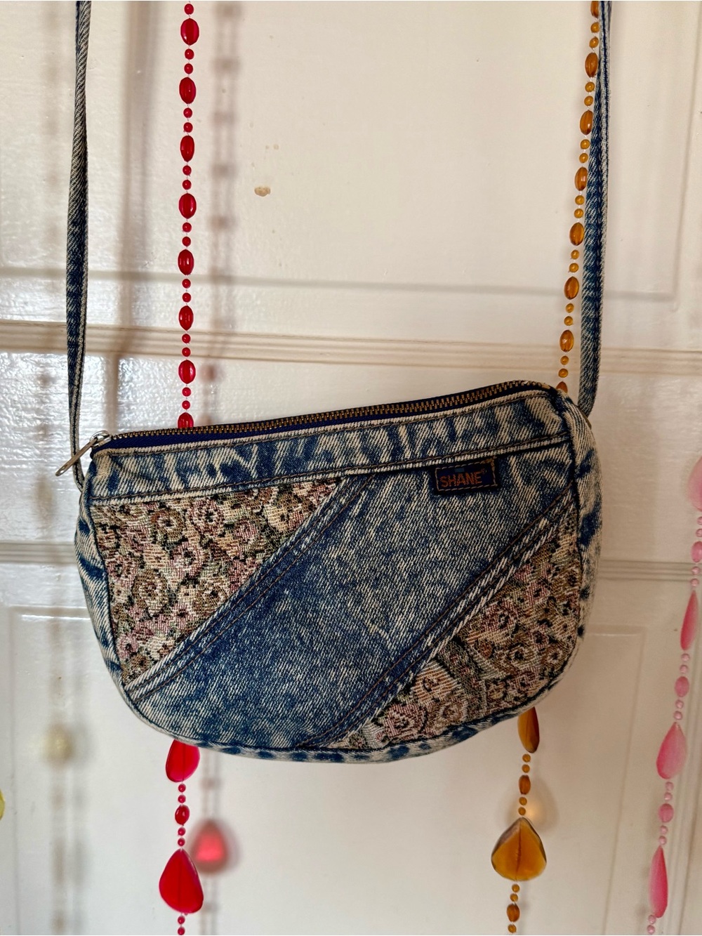 Vintage SHANE Acid Wash Denim Floral Tapestry Crossbody Shoulder Bag Y2K